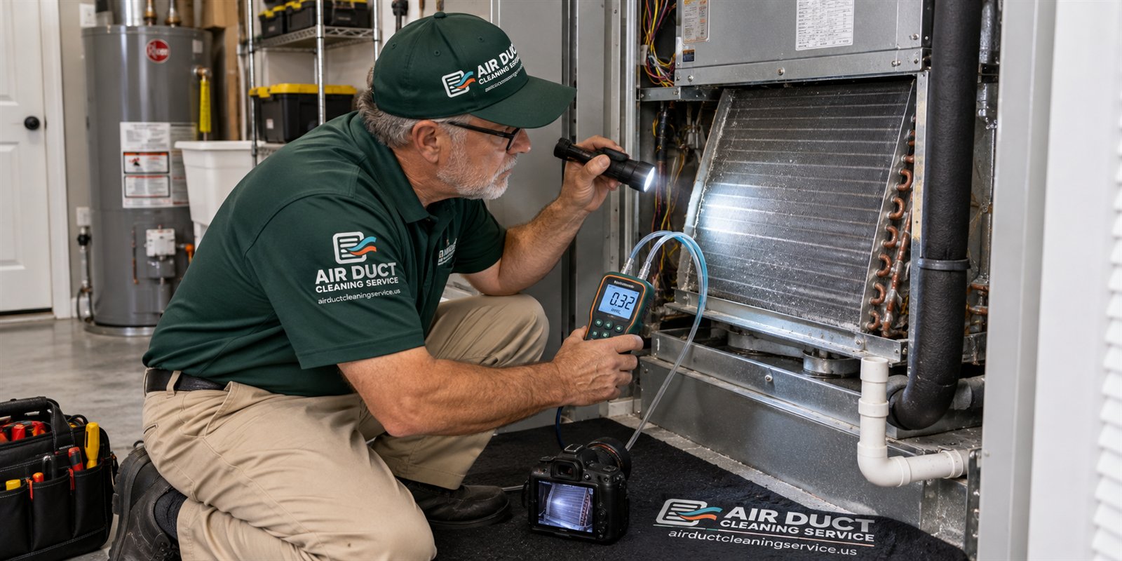 Air Duct Cleaning Service technician inspecting an air handler