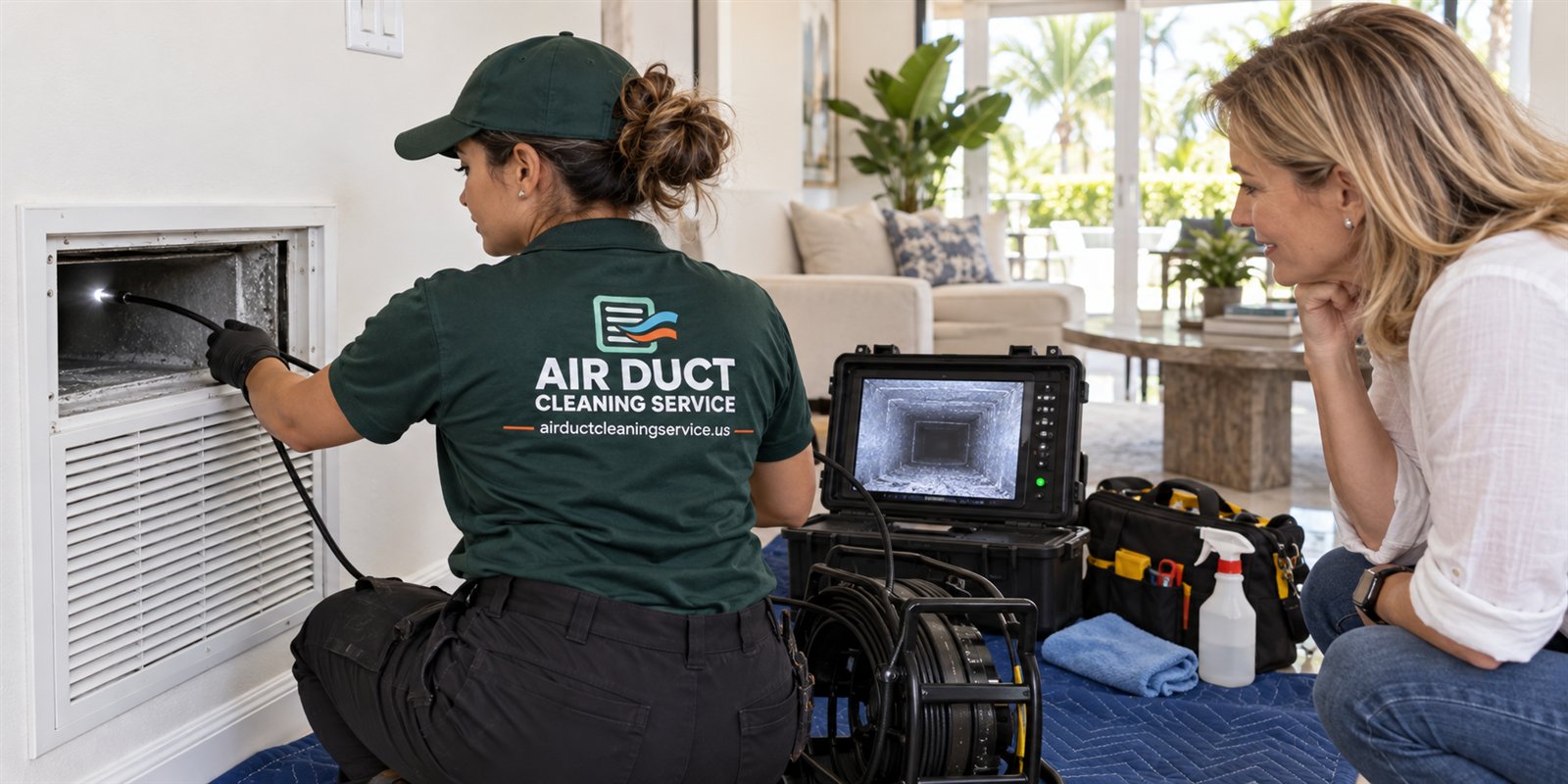 Air Duct Cleaning Service technician running a camera inspection inside a duct