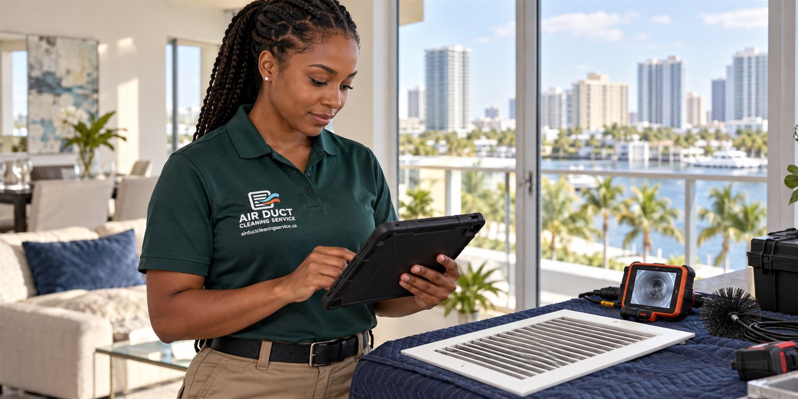 Air Duct Cleaning Service technician inspecting ducts in a South Florida condo