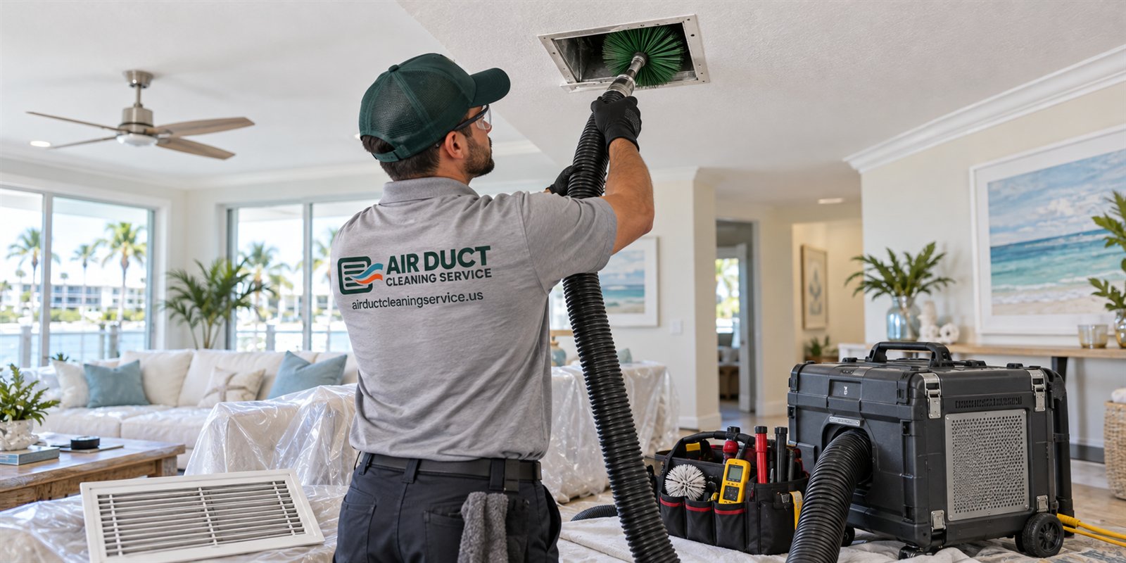Air Duct Cleaning Service technician cleaning a ceiling duct register in a South Florida home